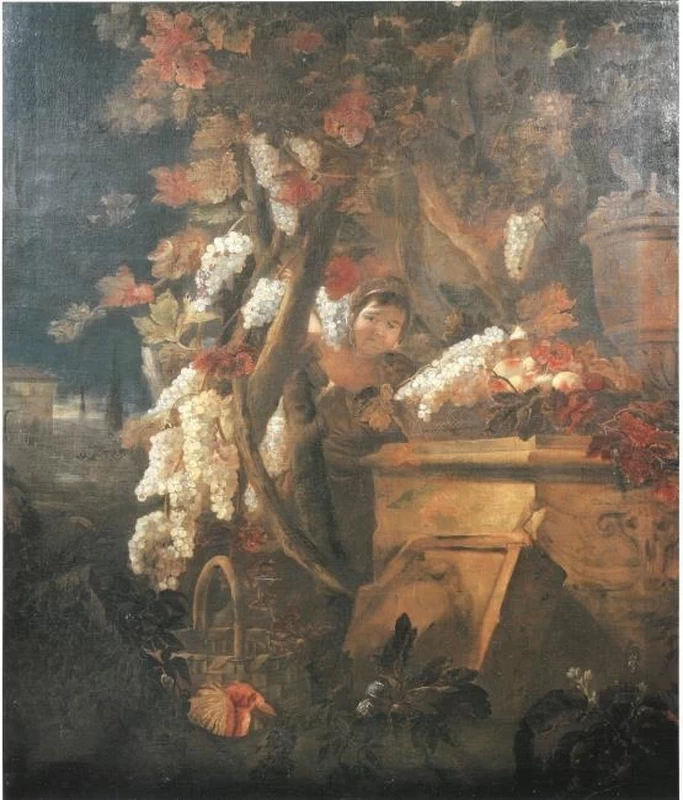 Giovani ragazzi tra l'uva appesa in un paesaggio, con Luca Giordano